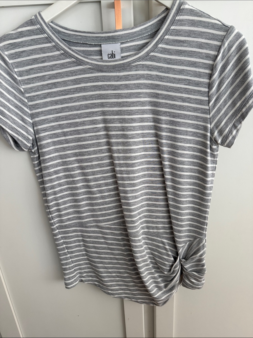 CAbi Gray & White Striped Knot-Side Short Sleeve Tee